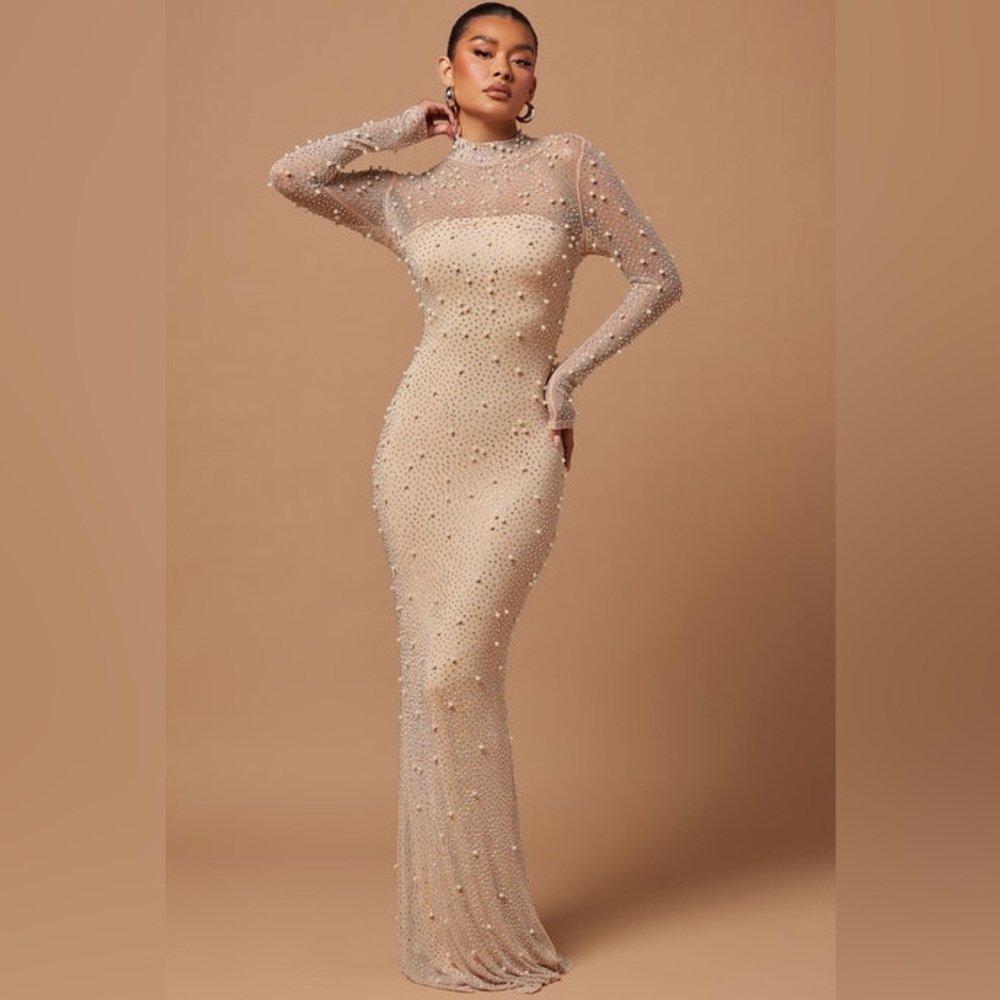 Fashion Nova Cream Long Sleeve Beaded Dress